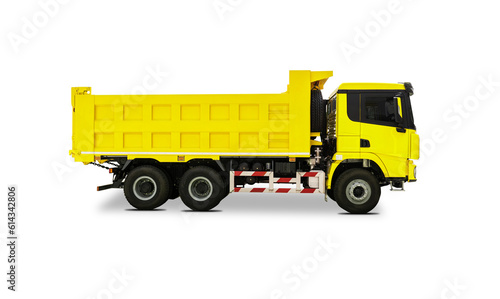 Side view of a New Yellow Dump Truck isolated over white background