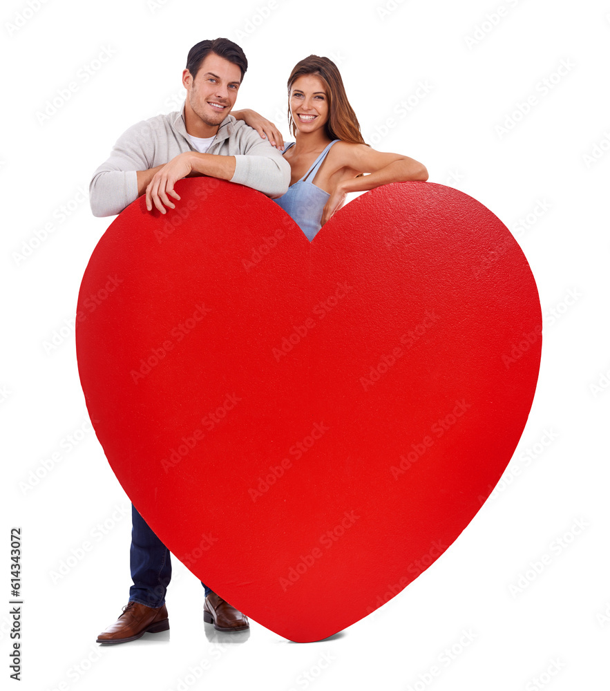 Love, heart and poster with portrait of couple on transparent background for mockup, romance and valentines day. Happy, date and relationship with man and woman with board isolated on png for emotion