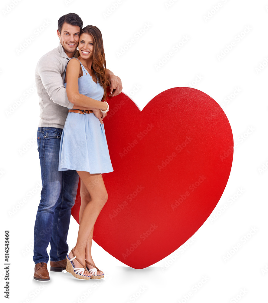 Φωτογραφία Love, heart and hug with portrait of couple on transparent background for mockup, romance and valentines day