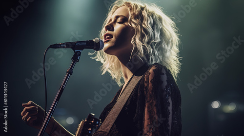 Singer with microphone. Female vocalist at a concert. Generative AI
