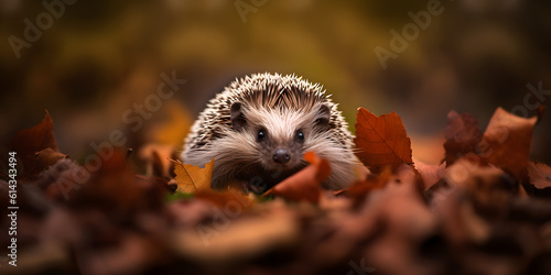 Cute hedgehog in the forest, leafs, autumn