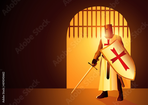 Knight of Templar holding a sword and a shield at castle gate, vector illustration
