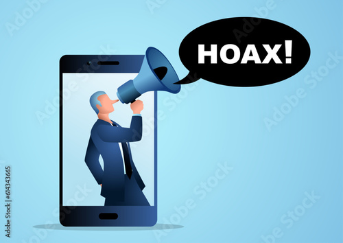 Male figure with long nose comes out from cellphone using megaphone to spread hoaxes, influencer, key opinion leaders, vector illustration