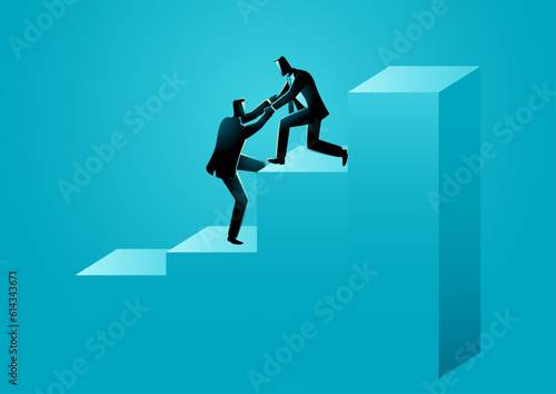 Businessman helps his colleague climbing graph chart, team work, regeneration success in business concepts