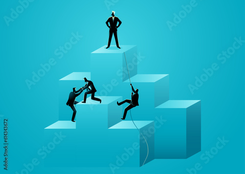 Businessman stood on top of the bar chart while his colleagues tried to match his position, human resource standards, regeneration, competition in business concepts