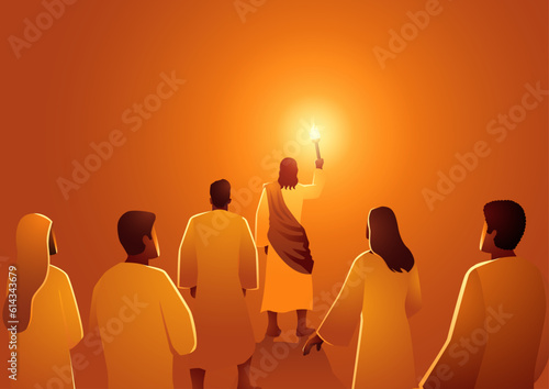 Biblical silhouette illustration series, Jesus leads the group of followers with torch, Jesus is the light of the world