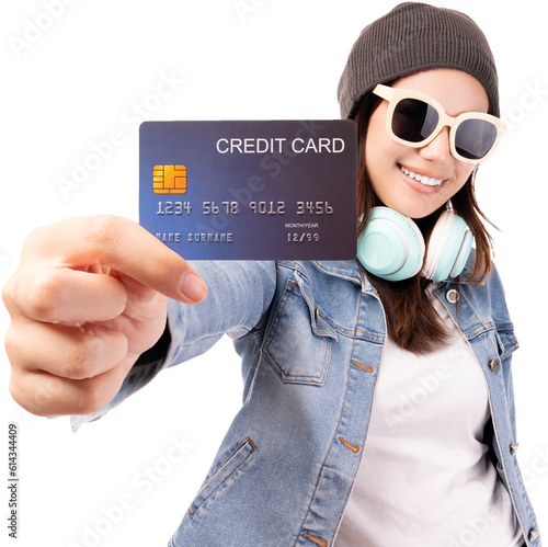 Happy young hipster woman showing credit card and satisfied credit card with happy isolated on white background Pretty girl paying by using credit card for purchase booking shopping online