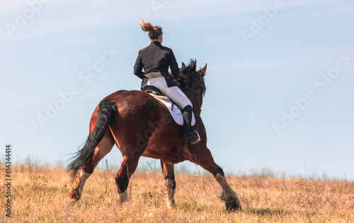 A woman rides a horse against a blue sky