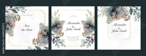 blue lily floral flower vector beautiful gold flowers line art on wedding card template watercolor