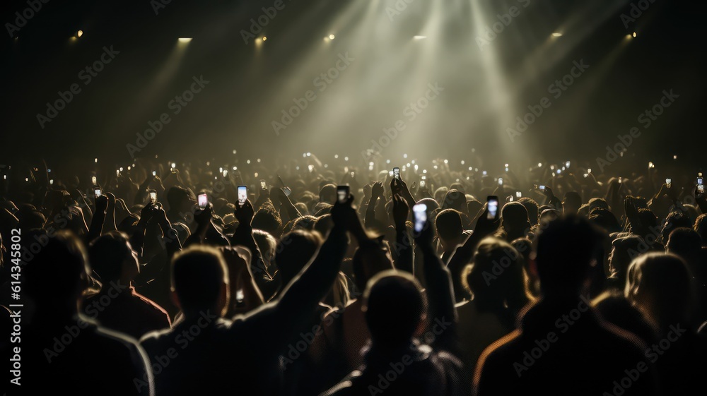 A crowd of people at a live event, concert or party holding smartphones. Large audience, crowd, or participants of a live event, in a arena type venue with bright lights above. Generative AI