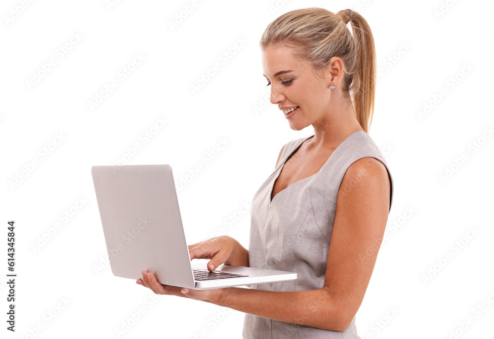 Technology, woman with laptop and isolated against a png transparent background with a smile. Social networking or connectivity, typing or writing and businesswoman with online communication. Technology, woman with laptop and isolated against a png transparent background with a smile. Social networking or connectivity, typing or writing and businesswoman with online communication.