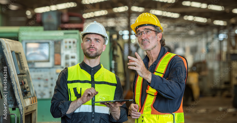 Two professional engineer worker technician assistant in helmet inspection check old machine construction factory with colleague manager. check old machinery production construction operating Two professional engineer worker technician assistant in helmet inspection check old machine construction factory with colleague manager. check old machinery production construction operating