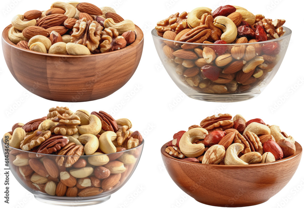 side view of bowls with a mix of nuts, on a transparent background, Generative AI side view of bowls with a mix of nuts, on a transparent background, Generative AI