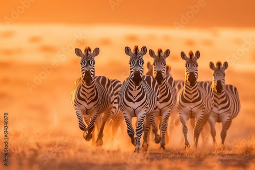 group of zebras running at sunrise  generative ai