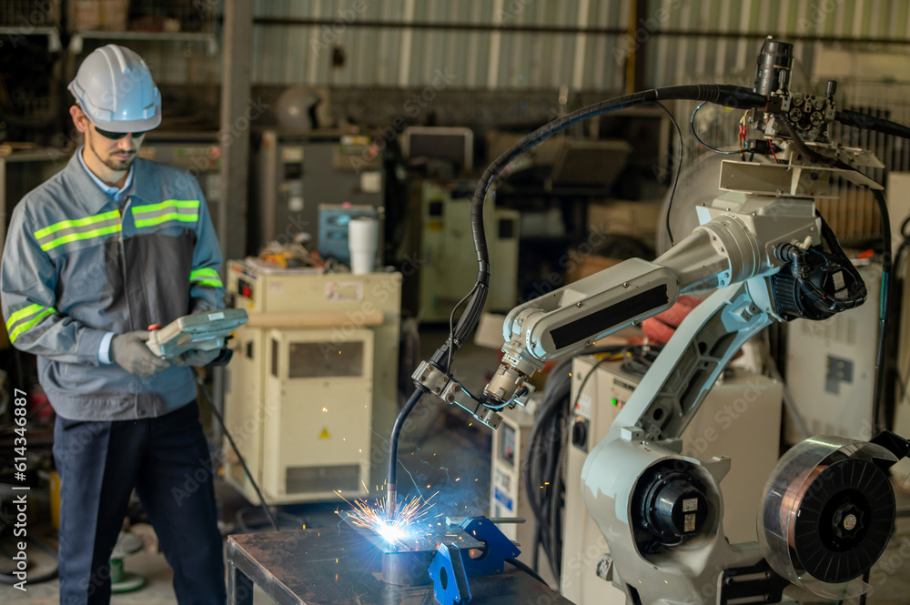 Engineer control robot arm machine welding steel, worker using forcing welding control screen which for precision welding control. Worker control automation welding robot in hi tech heavy factory