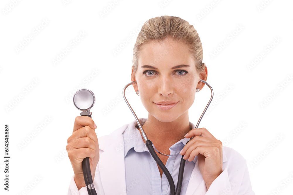Doctor, woman in portrait with stethoscope and health with cardiology isolated on transparent png background. Heart surgeon, cardiovascular healthcare and female medical professional with medicine