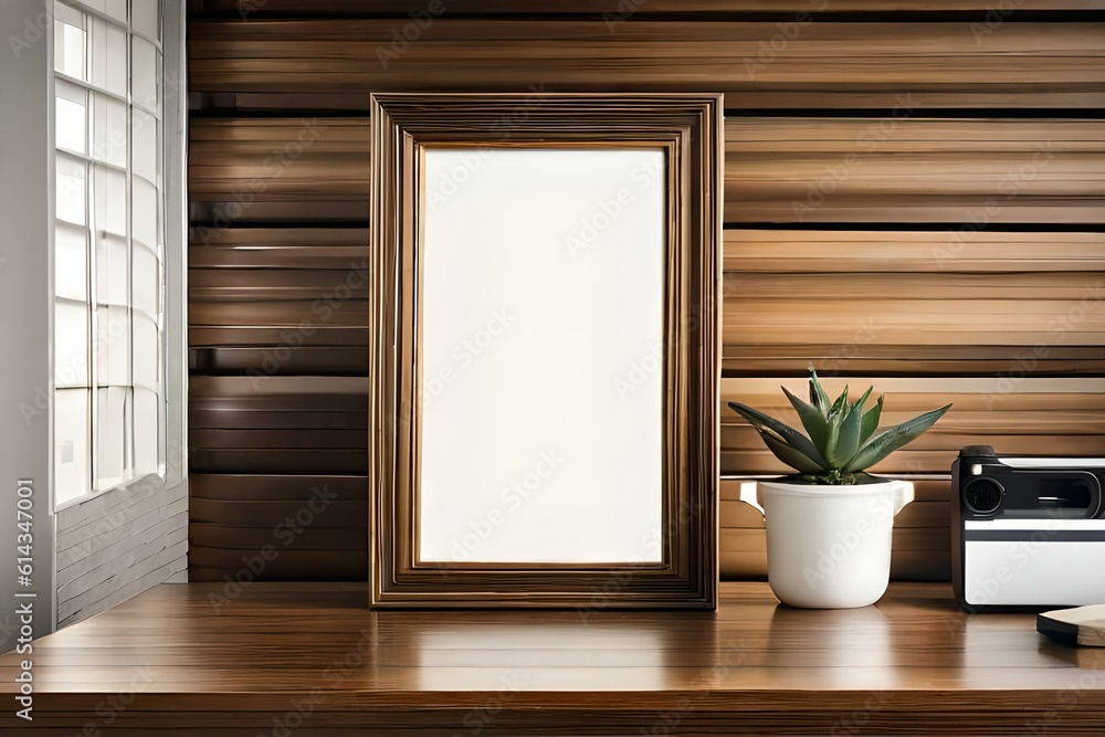 Mockup of an empty frame for a photo on vinyl wooden wall background