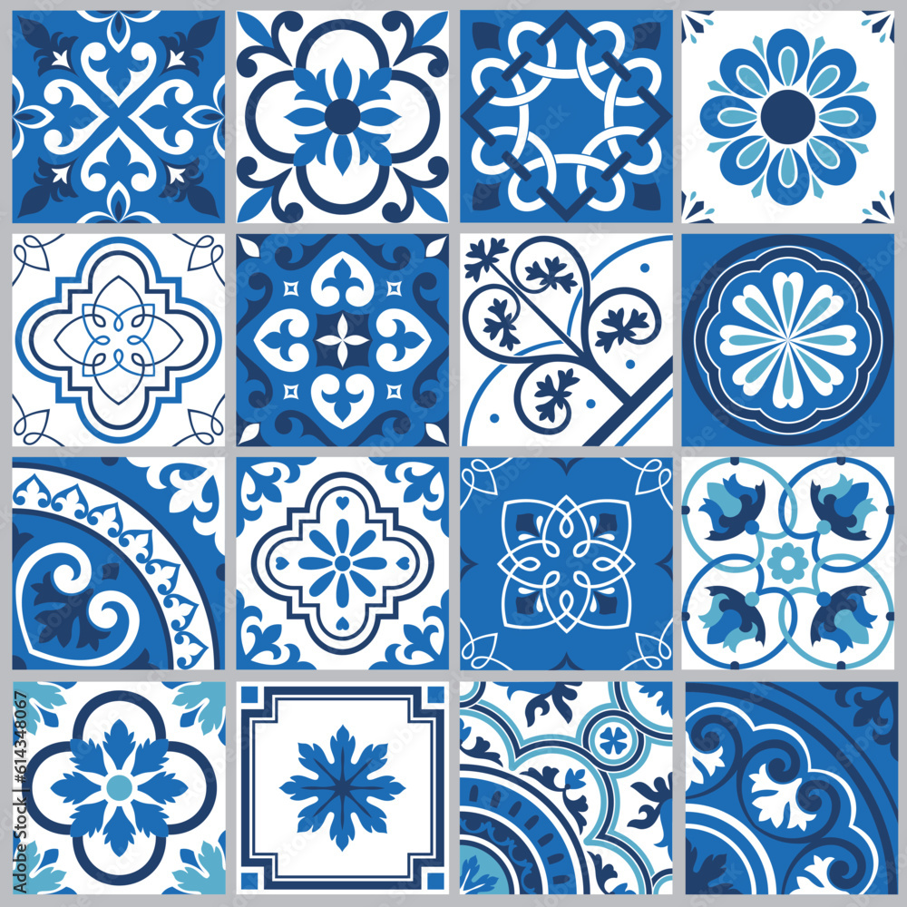 Ceramic pattern and Mediterranean floors. Ethnic folk ornaments. Mexican Talavera, Portuguese azulejo or Spanish majolica. Vector illustration