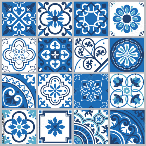 Ceramic pattern and Mediterranean floors. Ethnic folk ornaments. Mexican Talavera, Portuguese azulejo or Spanish majolica. Vector illustration photo