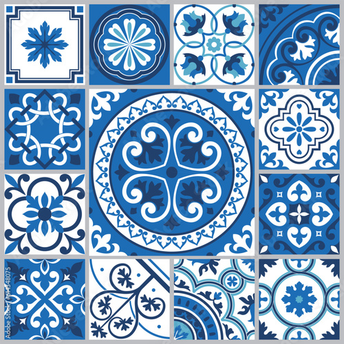 Set of patterned floor tiles. Mediterranean seamless pattern. Traditional Portuguese tiles. Vector illustration