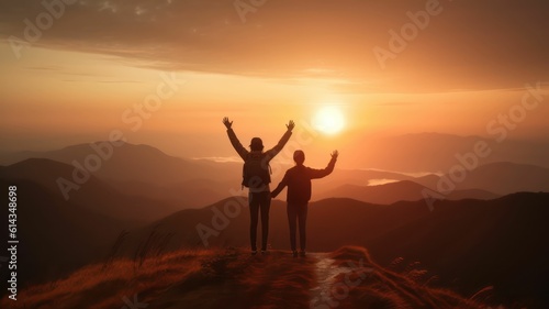enthernal love concept cheering and being happy on mountain top at sunset. Generative AI
