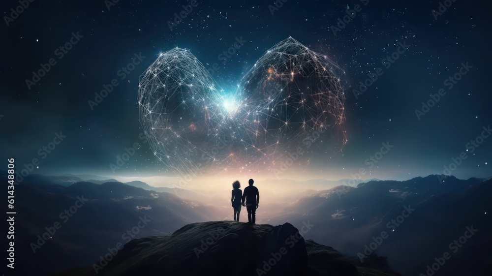 Ethernal love concept , with couple in front of heart shaped Galaxy. Generative AI
