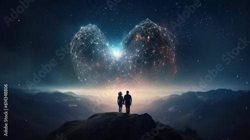 Ethernal love concept , with couple in front of heart shaped Galaxy. Generative AI