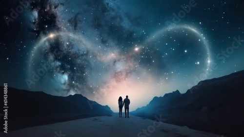Ethernal love concept   with couple in front of heart shaped Galaxy. Generative AI