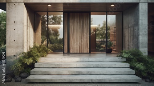 Modern house Architecture design consisting of flat concrete  glass  and wood. Generative AI