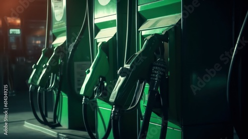 Gasoline inflation. Gas prices going up. Oil pumps at gas station, or petrol station. green pumps in light and shadow. Generative AI