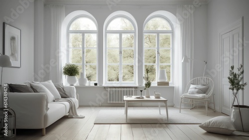 Inside a White living room. White living room with a large window  white furniture. Generative AI