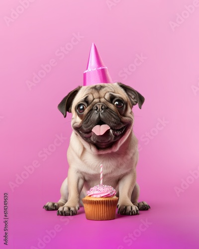 Fun birthday celebration! majestic pug wearing party hat & sitting next to delicious cupcake: perfect pet for any festivities!