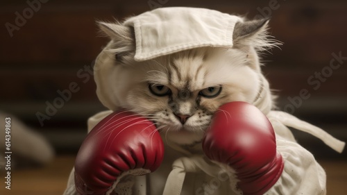 kitten granny wearing boxing gloves. Generative AI