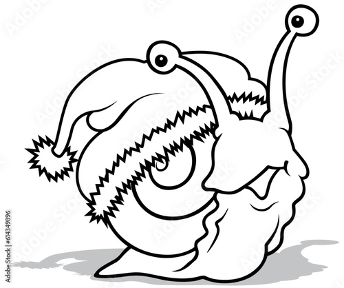 Drawing of a Cheerful Snail with a Santa Claus Hat on the Snail Shell