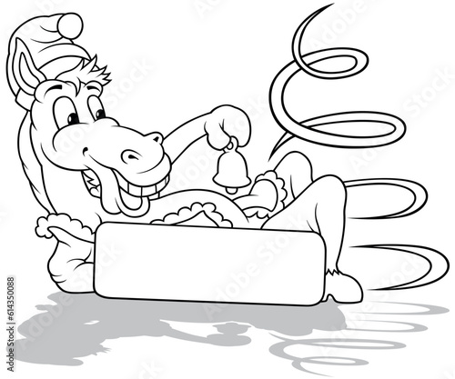 Drawing of a Smiling Lying Horse in a Santa Claus Costume
