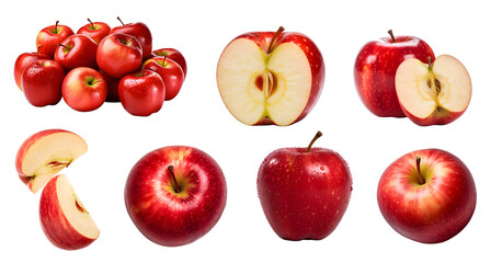 Red apple apples, many angles and view side top sliced halved cut isolated on transparent background cutout, PNG file