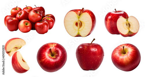 Red apple apples, many angles and view side top sliced halved cut isolated on transparent background cutout, PNG file