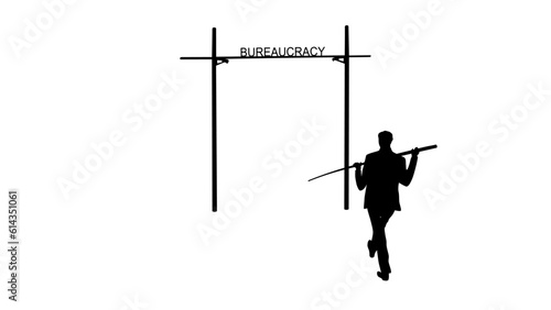 bureaucracy silhouette, a man in a suit wants to jump over the barrier of bureaucracy with a pole