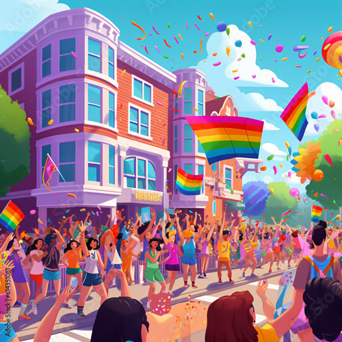 digital illustration depicting a vibrant and inclusive LGBTQ+ pride parade, featuring a mix of symbolic floats, flags, and colorful costumes, with a focus on celebration and unity, Generative AI