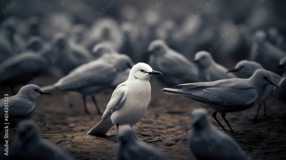Fototapeta premium Standing out from the crowd , white bird standing between man gray birds, Generative AI.