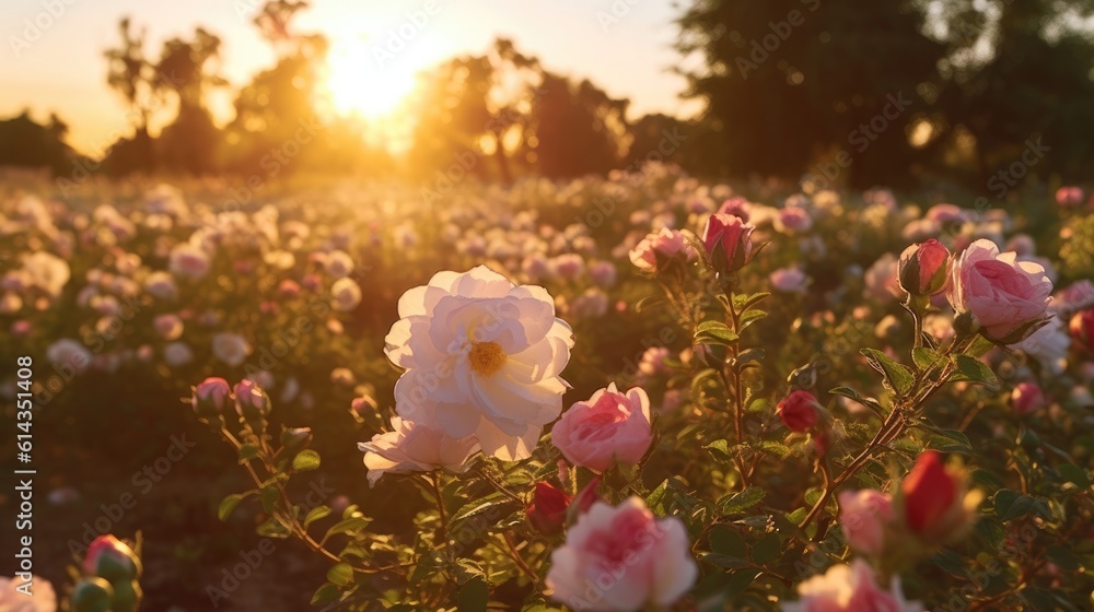 Pink rose field in sunset light, in the style of sun rays shining upon a field of roses. Generative AI Pink rose field in sunset light, in the style of sun rays shining upon a field of roses. Generative AI