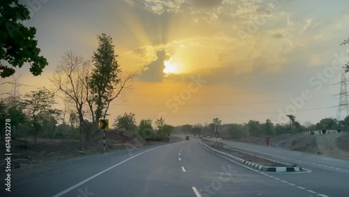 sunset on the highway, empty highway at evening, driving on the highway