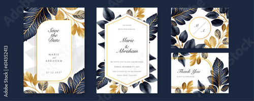 Blue gold leaf floral flower vector elegant leaves wedding invitation card template watercolor