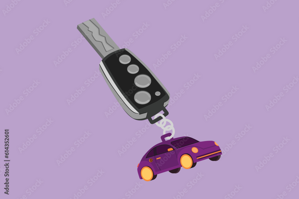 Cartoon flat style drawing key car and key ring over the metallic table. Clipping path included. Electronic car key front and back view and alarm system logo, icon. Graphic design vector illustration