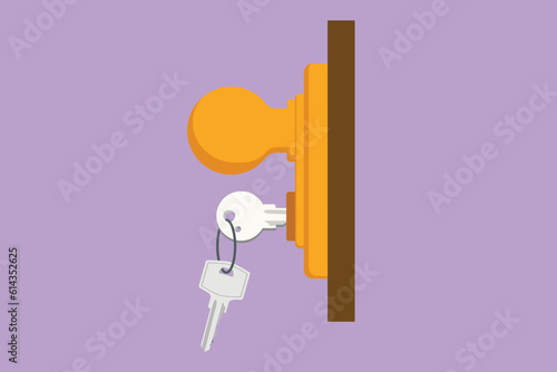 Character flat drawing keys stuck in lock in vintage style. Insert key into keyhole house. Open door. Real Estate concept, template for sales, rental, advertising. Cartoon design vector illustration