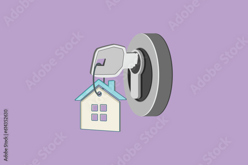 Graphic flat design drawing of close up key on door, personal loan concept. Keys in door lock logo, symbol. Mortgage, credit or property. Sale and rent of apartments. Cartoon style vector illustration