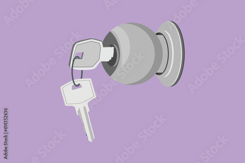 Cartoon flat style drawing of door knob locks with keys isolated on blue. Open the doors. Real Estate concept, template for sales, rental, advertising. Sign on home. Graphic design vector illustration