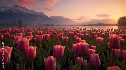 landscape of pink tulip fields by the lake, sunlight shining on tulip fields, and a mountain at sunset in the background. Generative AI