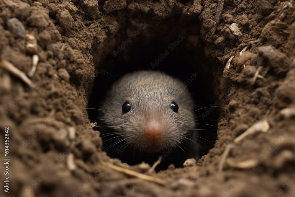 Closeup shot of a mole in its burrow - Generative AI Closeup shot of a mole in its burrow - Generative AI