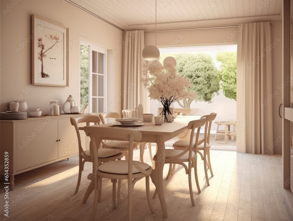 Fototapeta premium Dining room in beige tones with white tables, wooden chairs, and a flower vase, natural light shines through a window. Generative AI